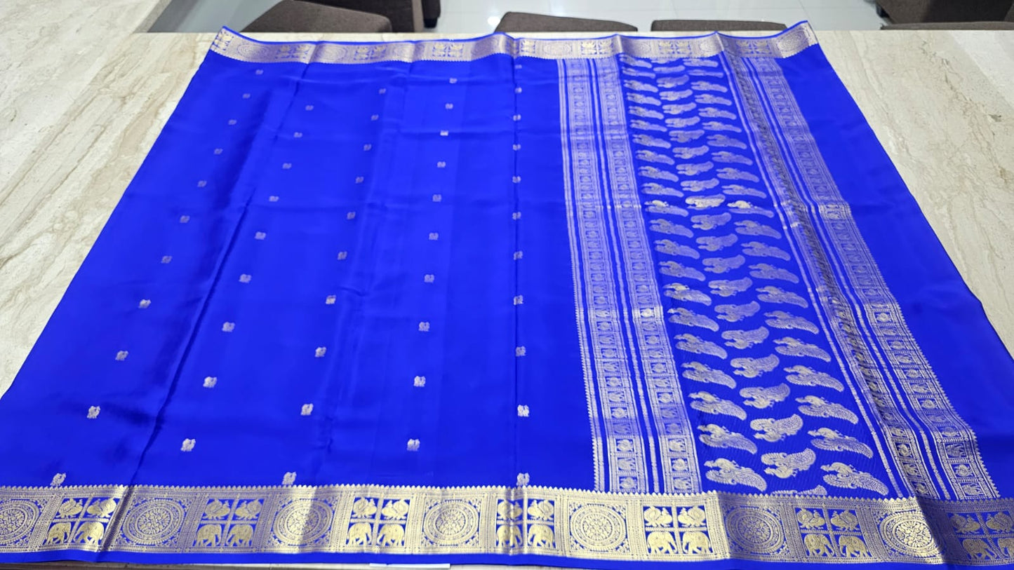 PURE MYSORE CREPE SILK SAREES WITH PEACOCK WITH ELEPHANT BORDER