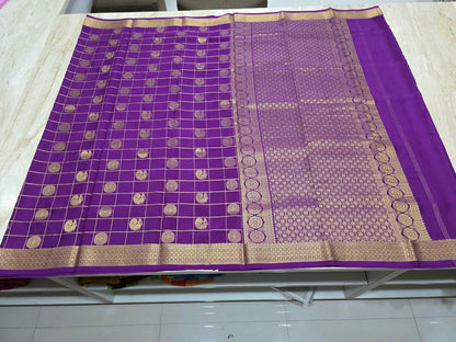 PURE MYSORE CREPE SILK SAREES WITH CHEX WITH PEACOCK AND CHAKRA BUTTA SAREE