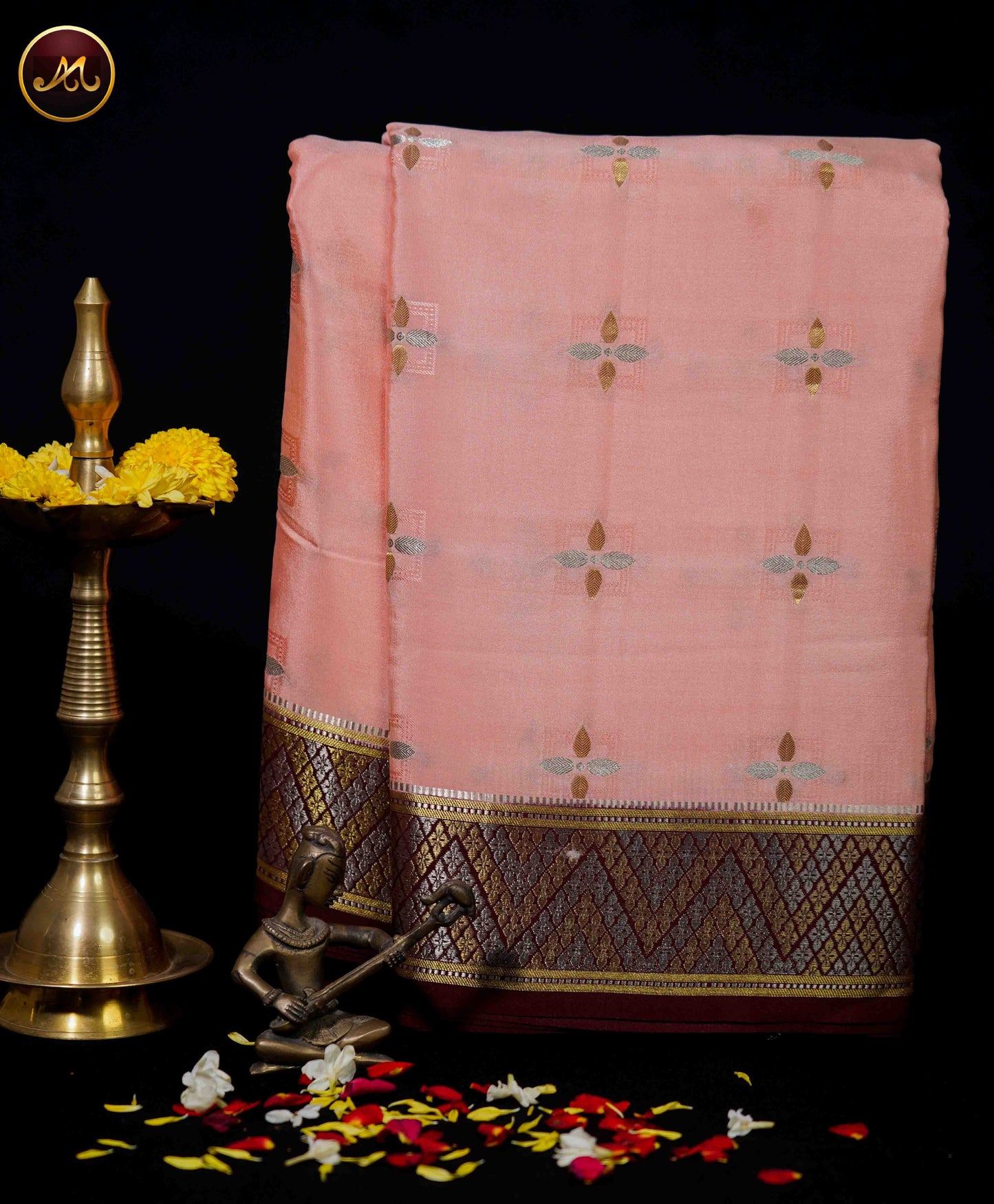 Mysore crepe silk saree with KSIC Finish in Peach and Dark Maroon combination and silver and gold zari butta and chit pallu