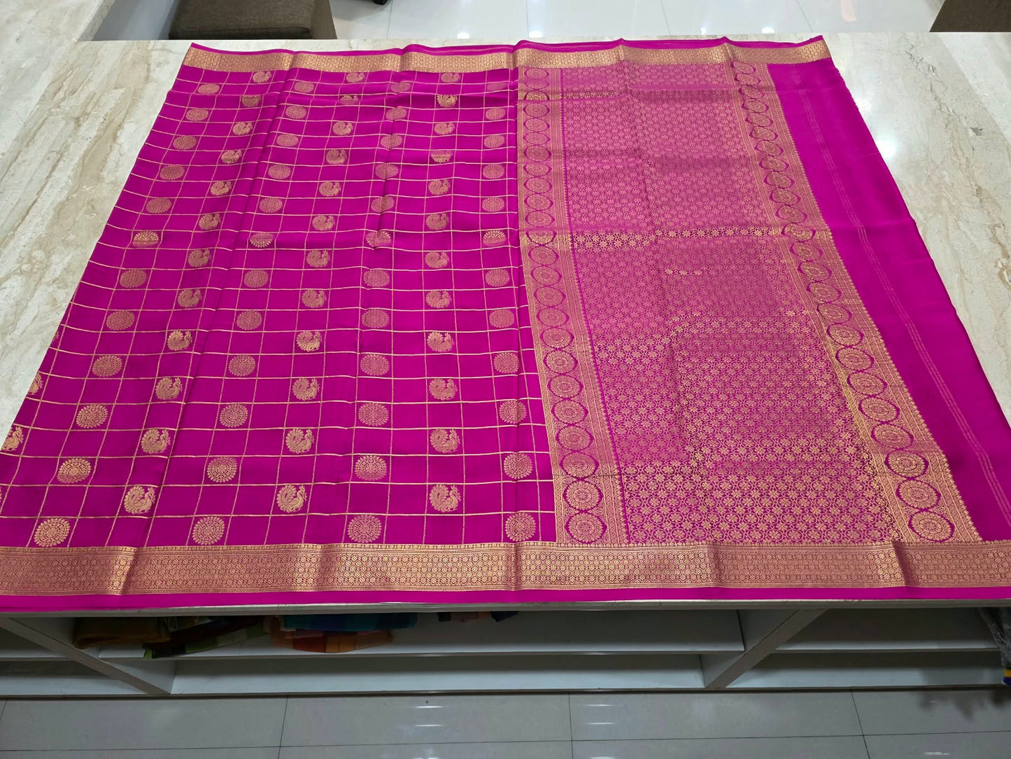 PURE MYSORE CREPE SILK SAREES WITH CHEX WITH PEACOCK AND CHAKRA BUTTA SAREE