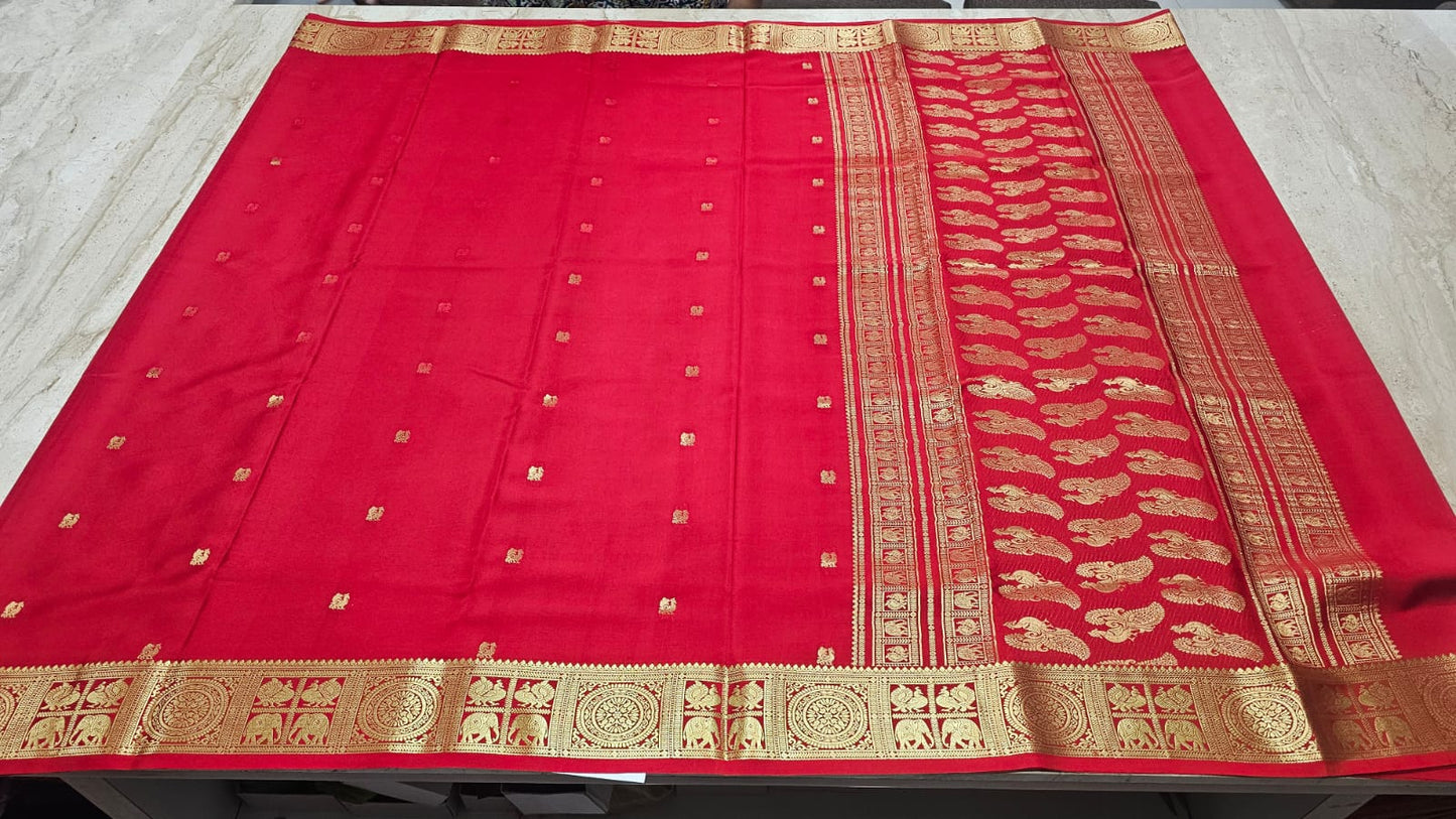 PURE MYSORE CREPE SILK SAREES WITH PEACOCK WITH ELEPHANT BORDER