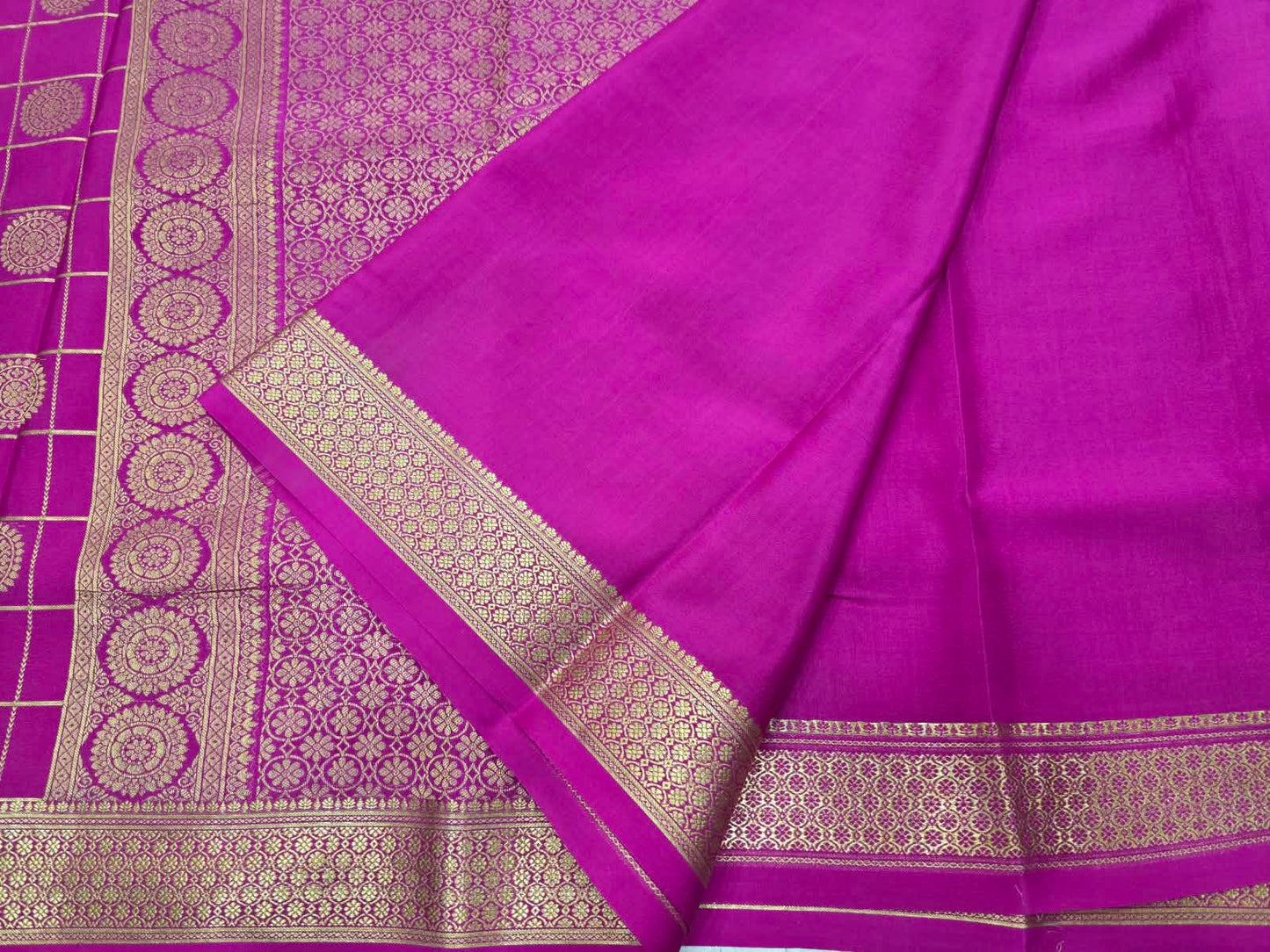 PURE MYSORE CREPE SILK SAREES WITH CHEX WITH PEACOCK AND CHAKRA BUTTA SAREE