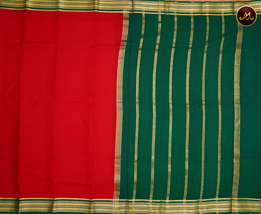 Mysore Crepe Silk saree with KSIC finish in Red  and Bottle green combination with Gold Zari Border and Chit Pallu