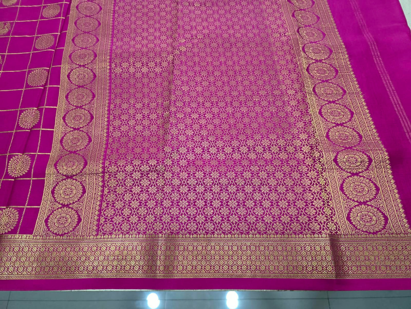 PURE MYSORE CREPE SILK SAREES WITH CHEX WITH PEACOCK AND CHAKRA BUTTA SAREE