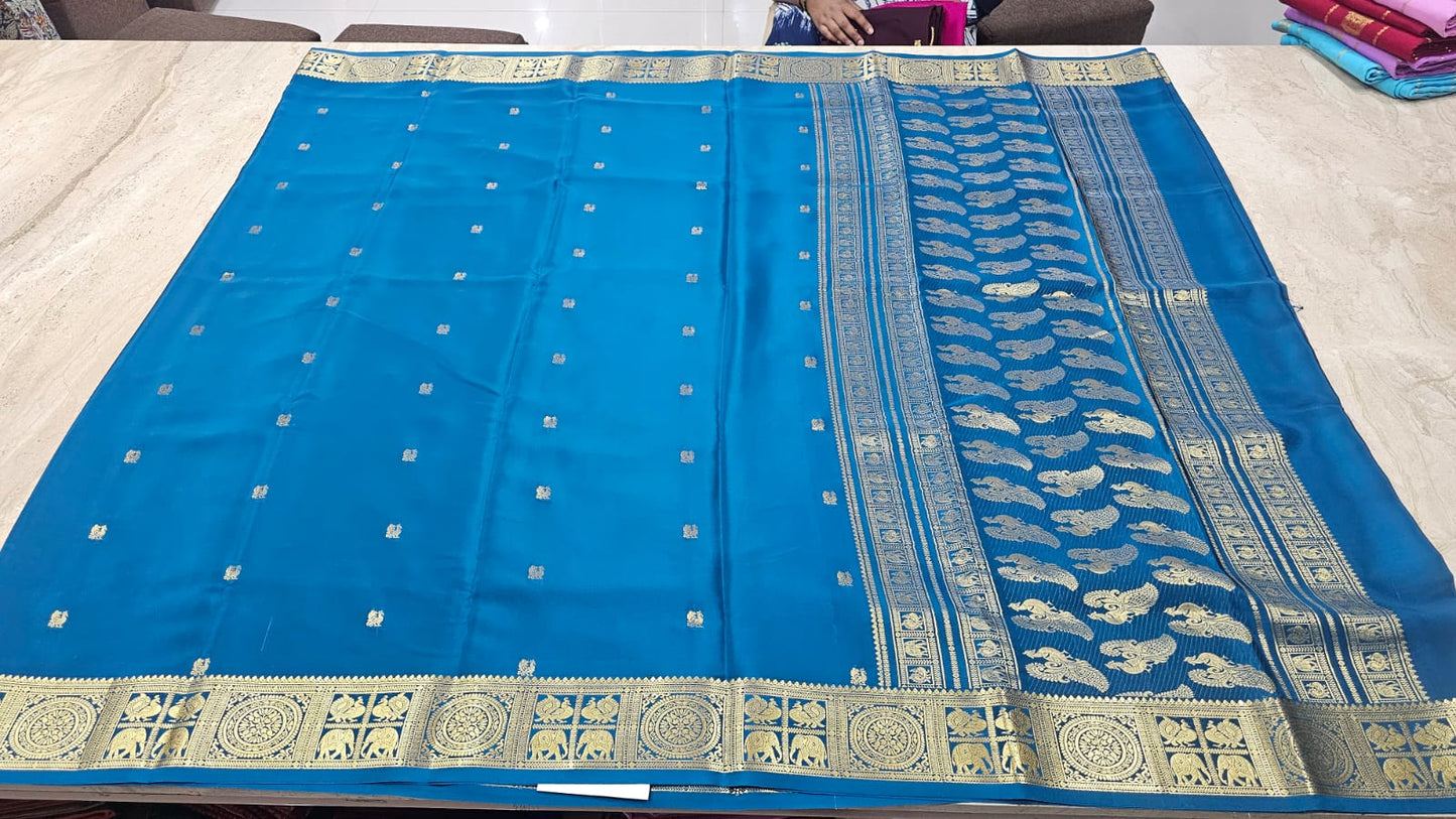 PURE MYSORE CREPE SILK SAREES WITH PEACOCK WITH ELEPHANT BORDER