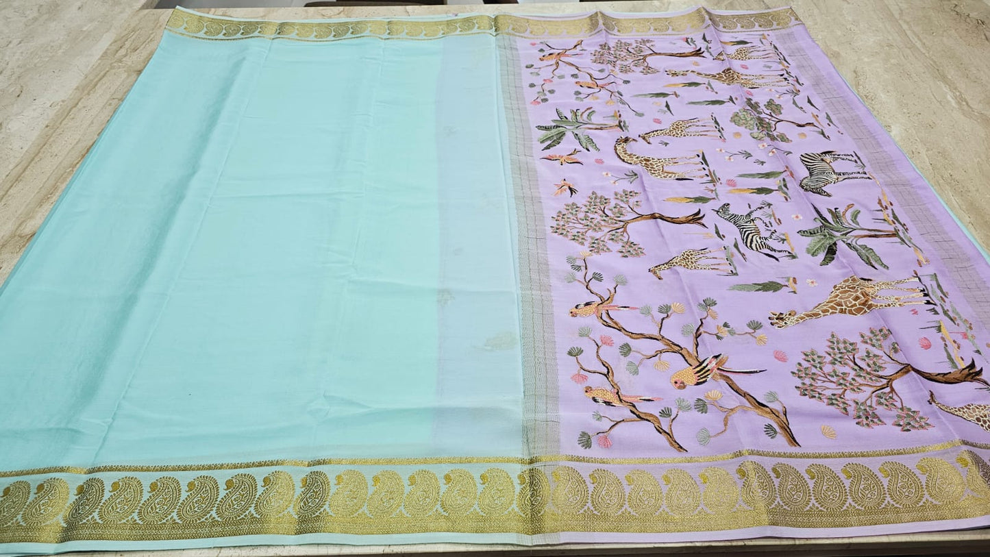 PURE MYSORE CREPE SILK SAREES WITH PALLU AND BLOUSE EMBROIDERY