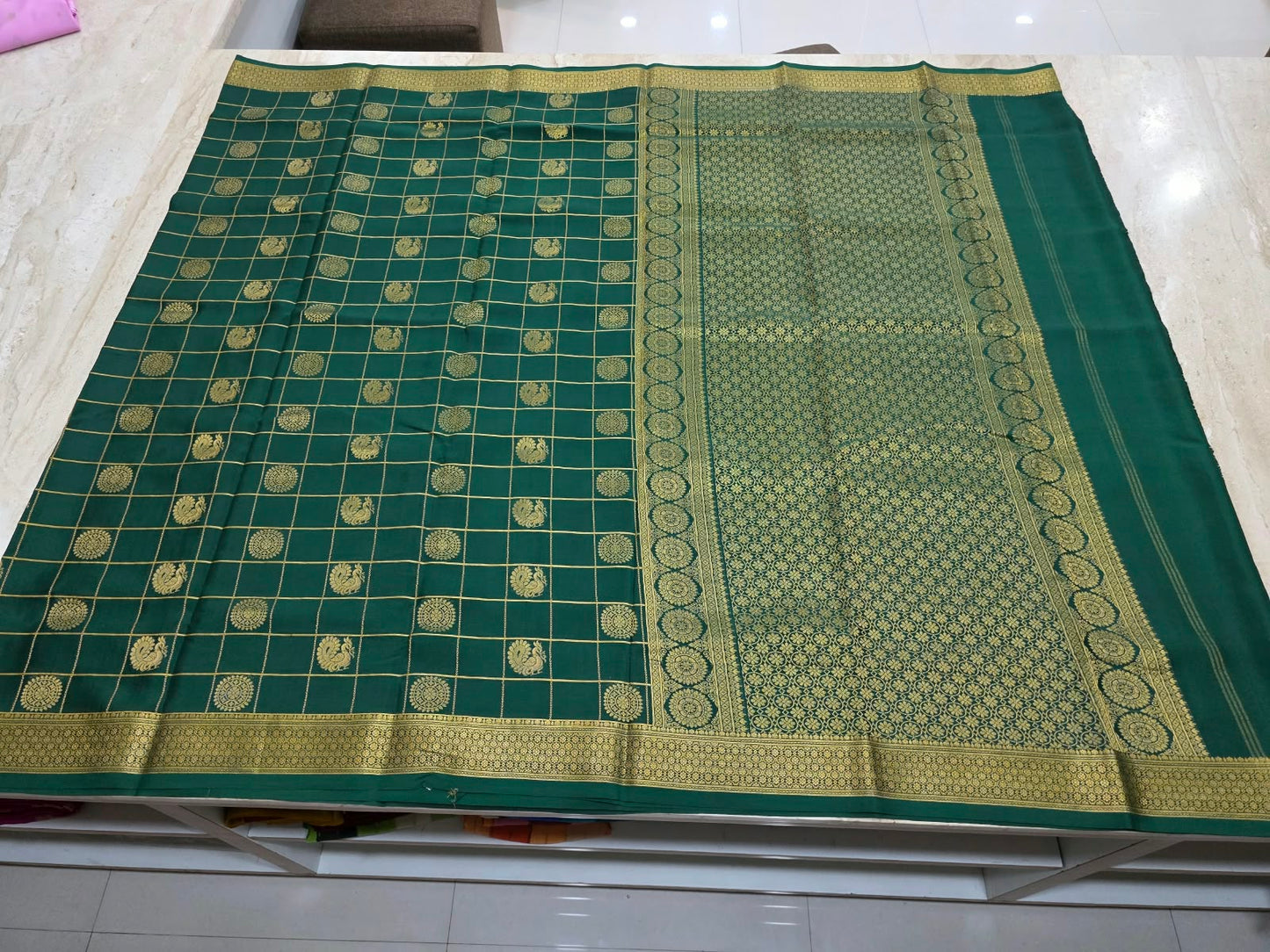 PURE MYSORE CREPE SILK SAREES WITH CHEX WITH PEACOCK AND CHAKRA BUTTA SAREE