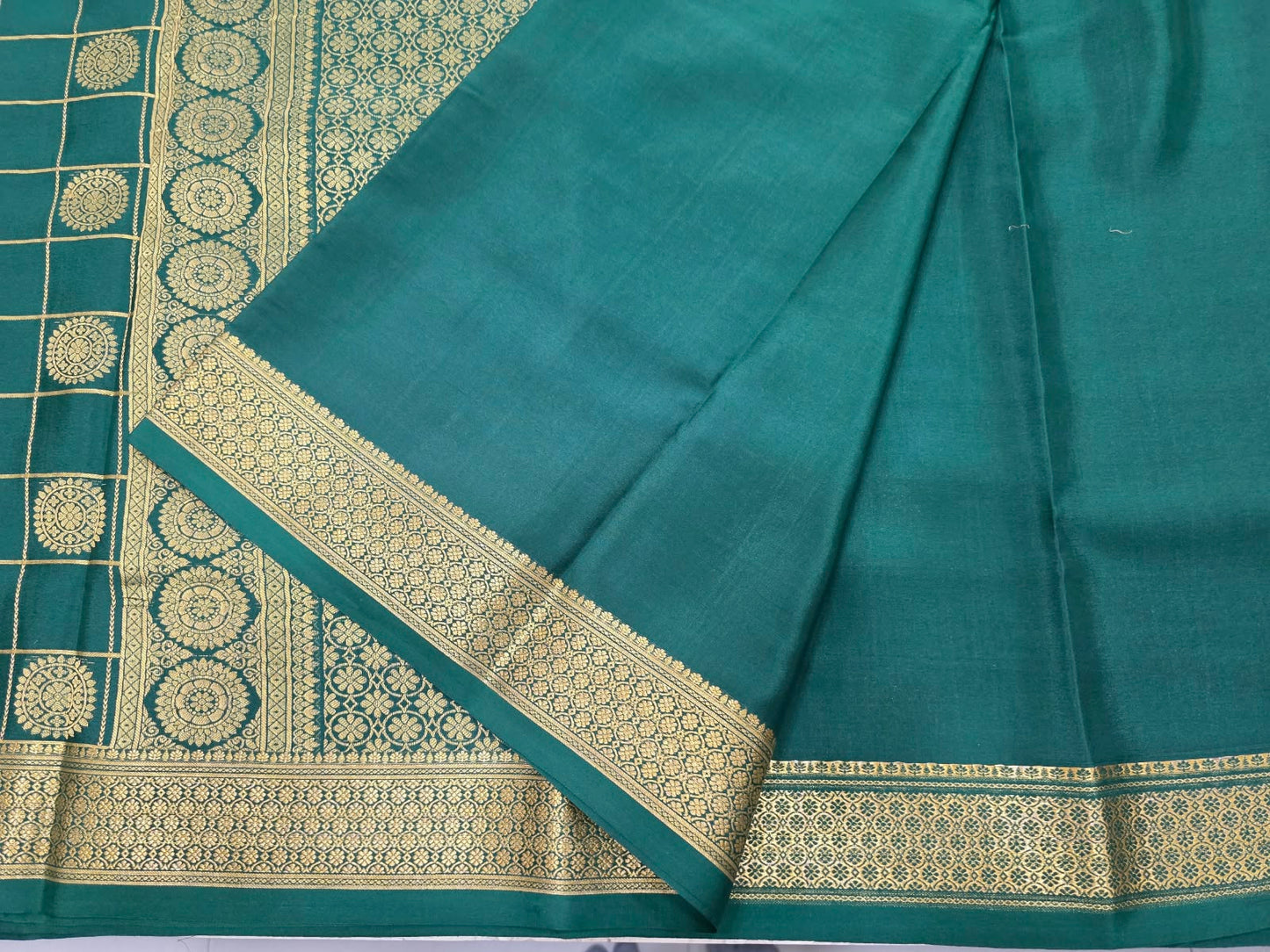 PURE MYSORE CREPE SILK SAREES WITH CHEX WITH PEACOCK AND CHAKRA BUTTA SAREE