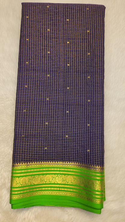 Mysore crepe silk saree with KSIC Finish in midnight Blue X Parrot green with Body checks