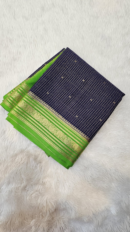 Mysore crepe silk saree with KSIC Finish in midnight Blue X Parrot green with Body checks