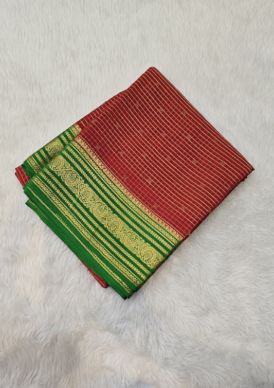 Mysore crepe silk mysore silk saree with KSIC Finish in Red x green with Body checks