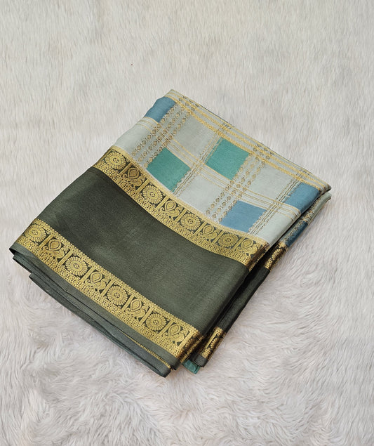 Mysore crepe silk  saree with KSIC Finish in Moss Green  Rankart in checks pattern