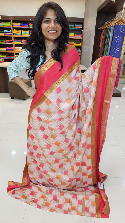 Mysore Crepe Silk saree with KSIC Finish in peach pink rankart design with body checks