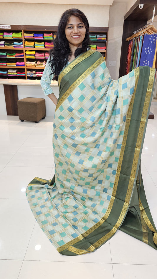 Mysore crepe silk  saree with KSIC Finish in Moss Green  Rankart in checks pattern
