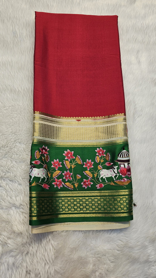 Mysore crepe silk saree with KSIC Finish in chilly Red Green 3 d pattern with embroidery