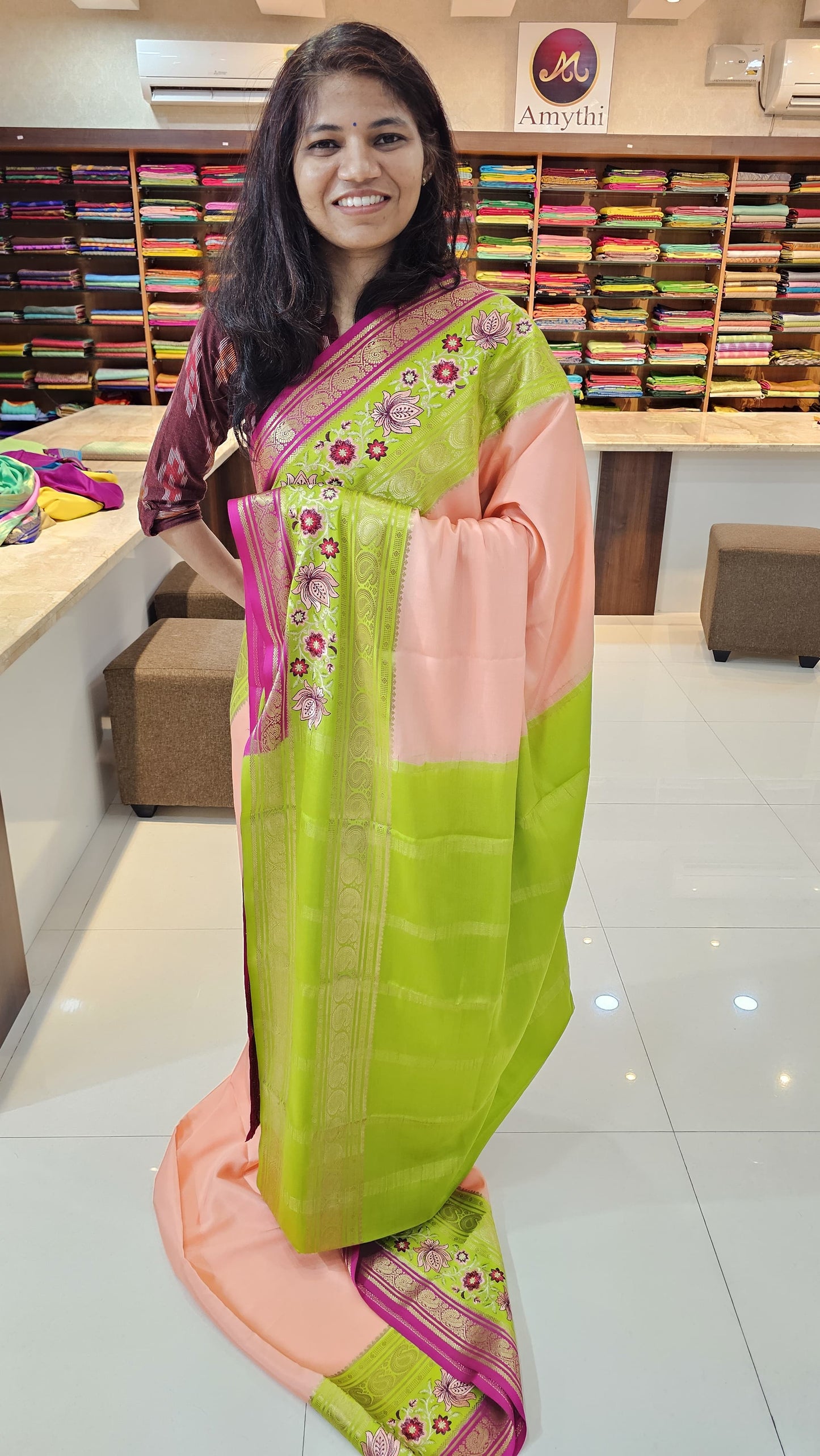 Mysore crepe silk saree with KSIC Finish in peach with green in 3D embroidery pattern