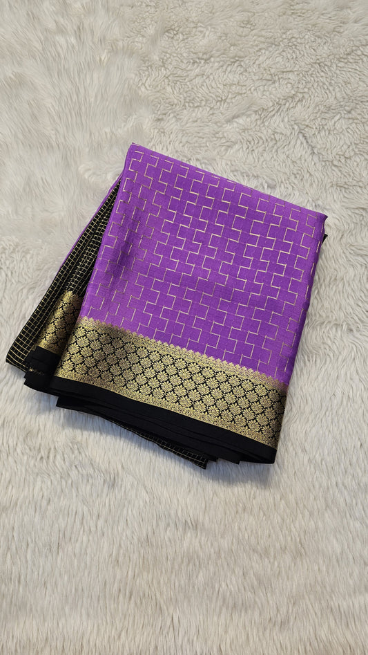 Mysore crepe silk saree with KSIC Finish in lavender with black half and half checks pattern