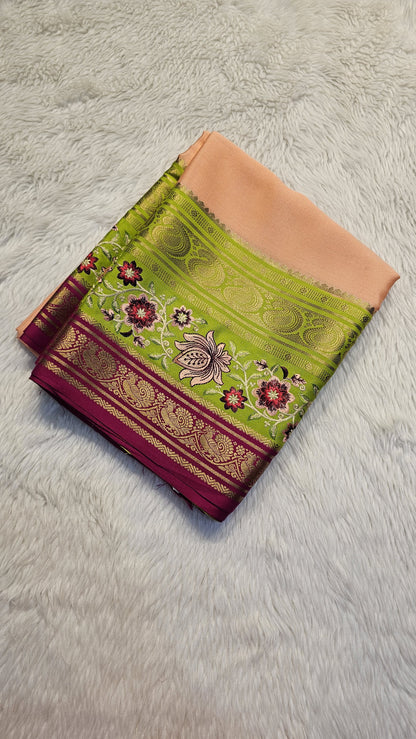 Mysore crepe silk saree with KSIC Finish in peach with green in 3D embroidery pattern