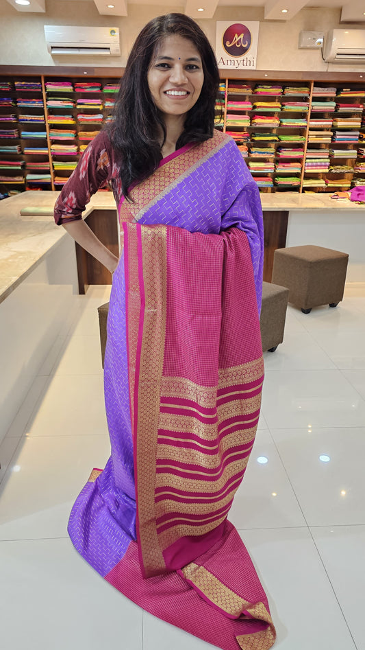 Mysore crepe silk saree with KSIC Finish in Rani pink with lavender in half and half checks pattern