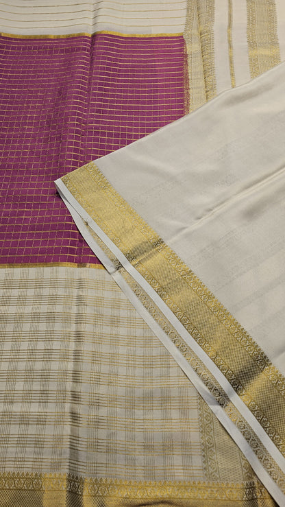 Mysore crepe silk saree with KSIC Finish in onion pink with half white half and half checks pattern