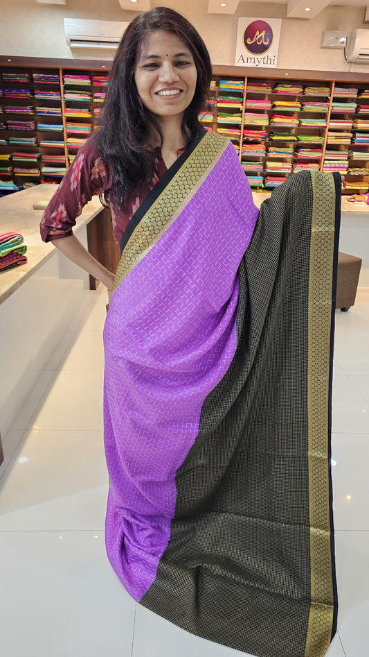 Mysore crepe silk saree with KSIC Finish in lavender with black half and half checks pattern