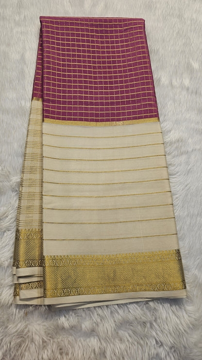 Mysore crepe silk saree with KSIC Finish in onion pink with half white half and half checks pattern