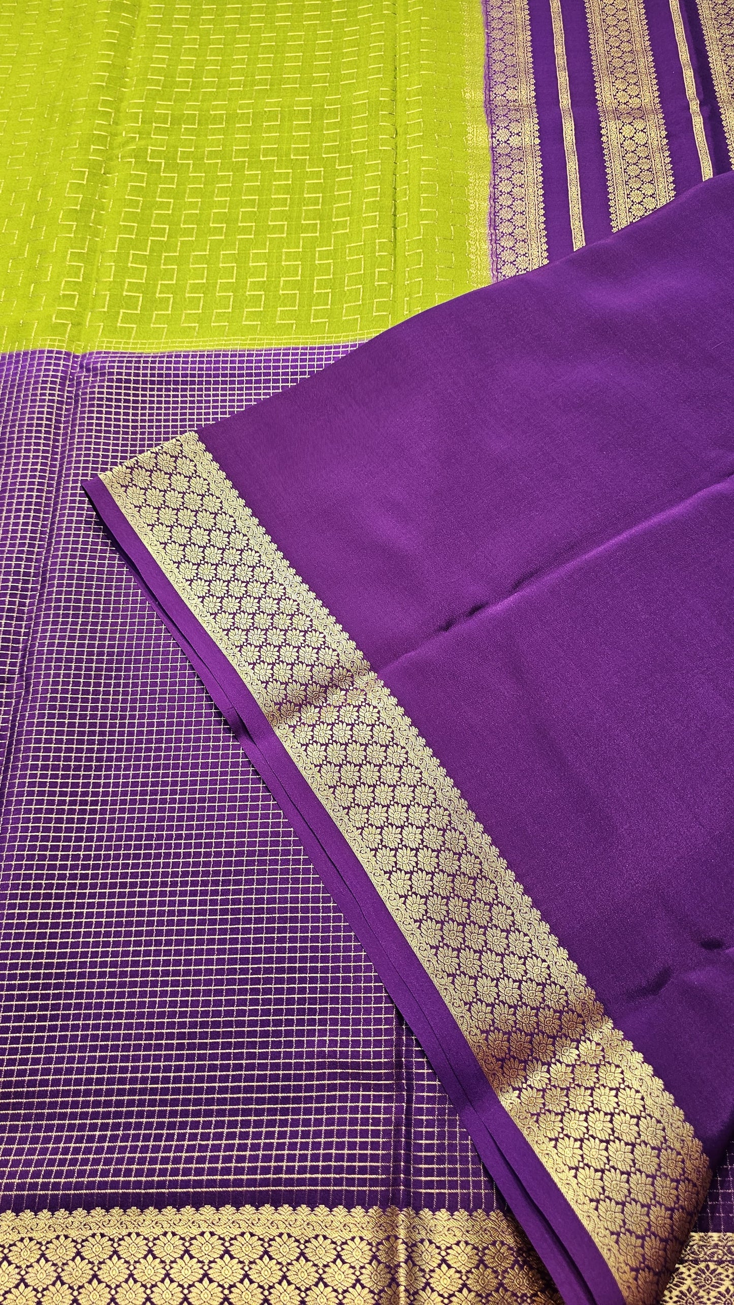 Mysore crepe silk saree with KSIC Finish in  green with purple in half and half checks pattern
