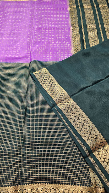 Mysore crepe silk saree with KSIC Finish in lavender with bottel green in half and half checks pattern
