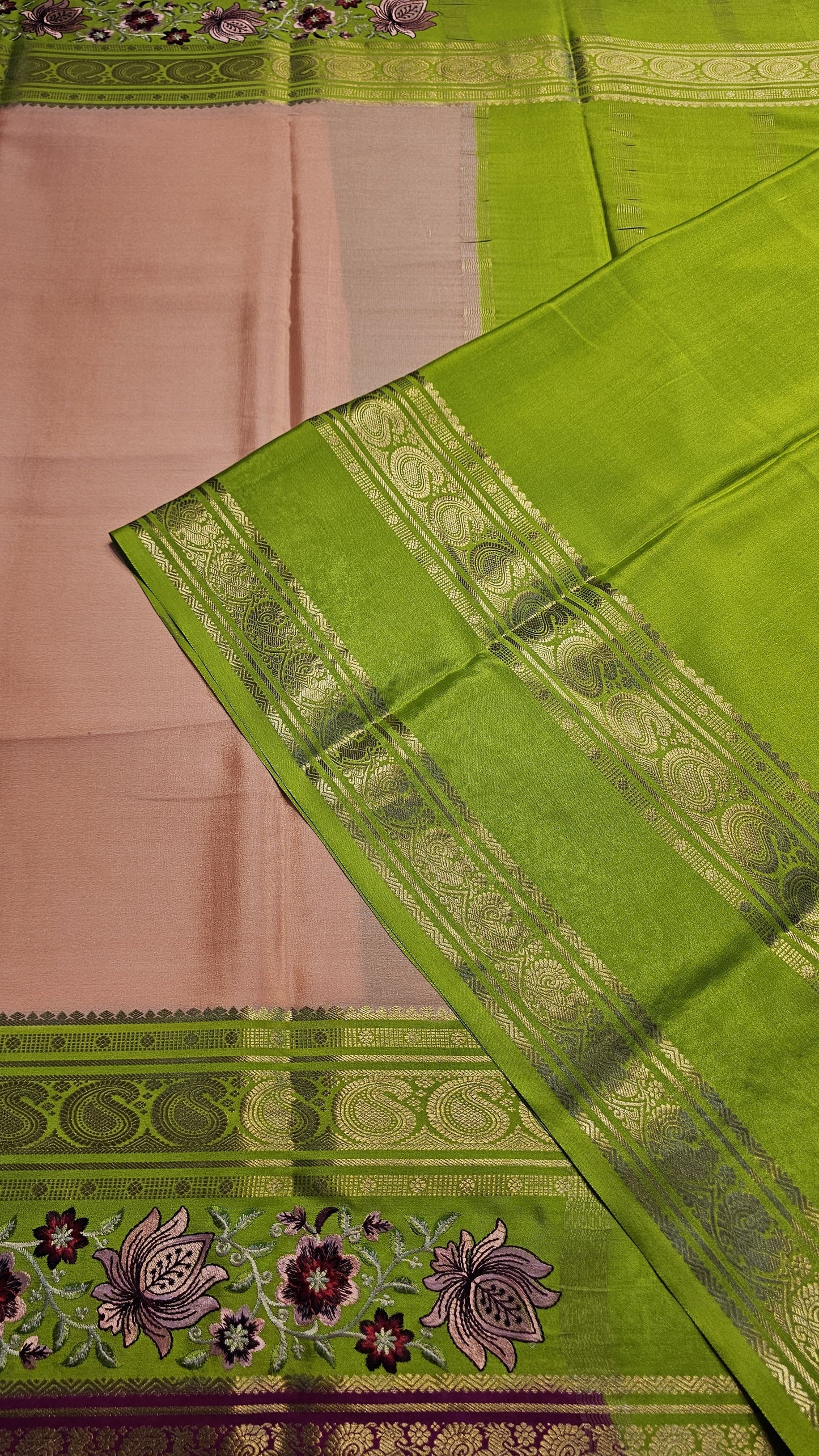 Mysore crepe silk saree with KSIC Finish in peach with green in 3D embroidery pattern