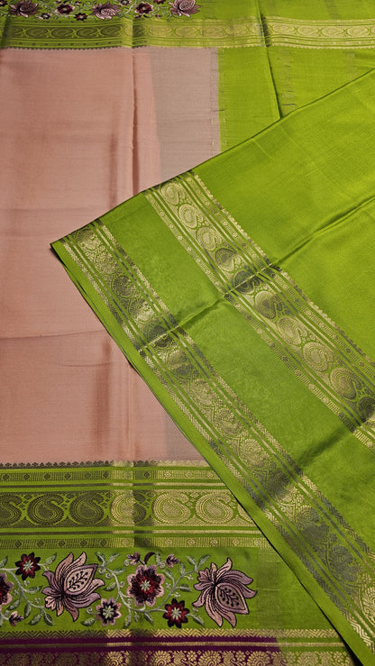 Mysore crepe silk saree with KSIC Finish in peach with green in 3D embroidery pattern