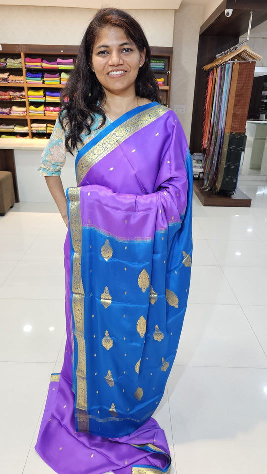 Mysore crepe silk saree with KSIC Finish in lavender with rama blue in small zari motifs pattern