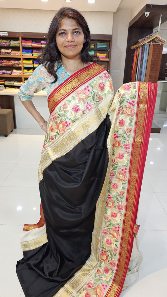 Mysore crepe silk saree with KSIC Finish in black with red in 3D embroidery pattern