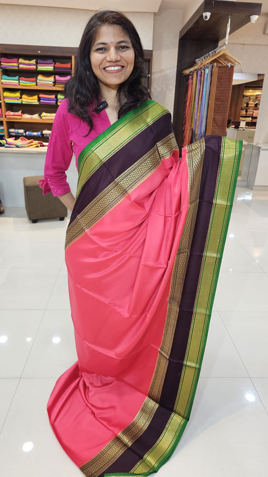 Mysore crepe silk saree with KSIC Finish in peach pink with brown in bentex border pattern
