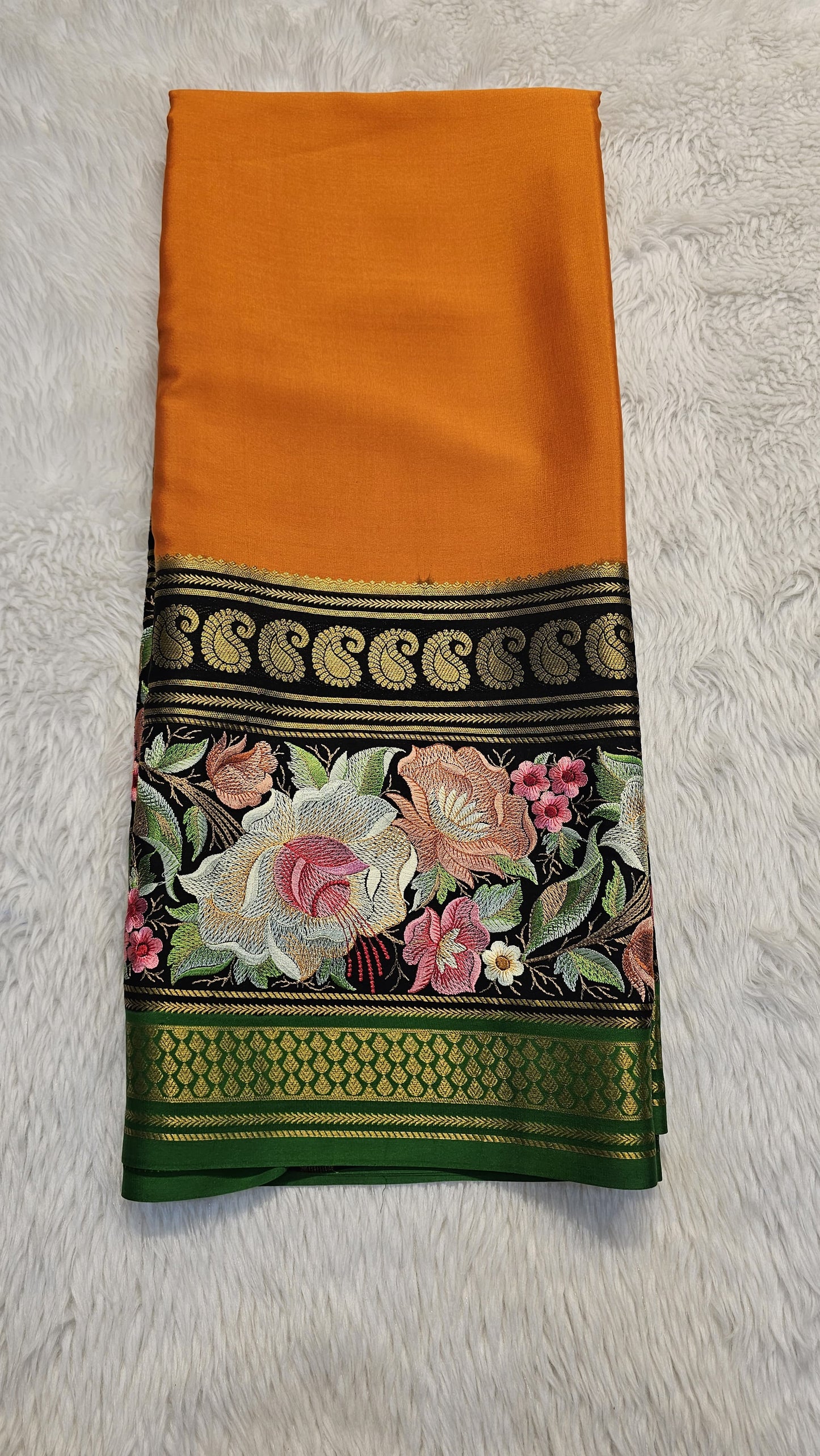 Mysore crepe silk saree with KSIC Finish in orange with black in  embroidery pattern