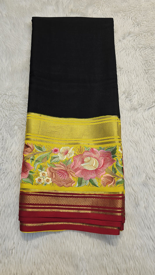 Mysore crepe silk saree with KSIC Finish in black with yellow in 3D embroidery pattern