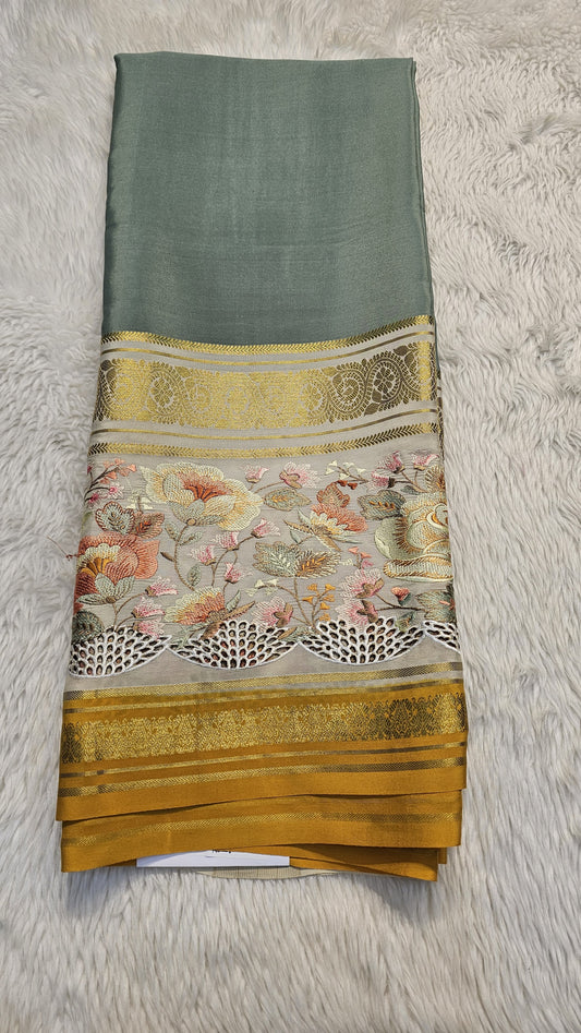 Mysore crepe silk saree with KSIC Finish in sage green with cream in3D cutwork with embroidery pattern