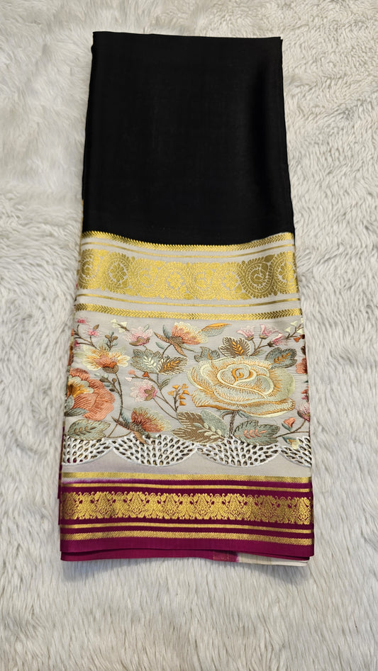 Mysore crepe silk saree with KSIC Finish in black with half white in 3D cutwork with embroidery pattern