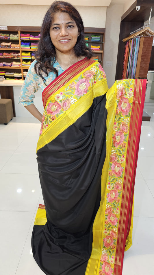 Mysore crepe silk saree with KSIC Finish in black with yellow in 3D embroidery pattern