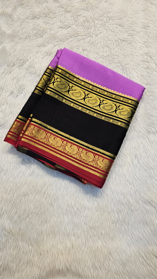 Mysore crepe silk saree with KSIC Finish in lavender pink with black in bentex border pattern
