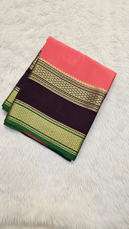 Mysore crepe silk saree with KSIC Finish in peach pink with brown in bentex border pattern