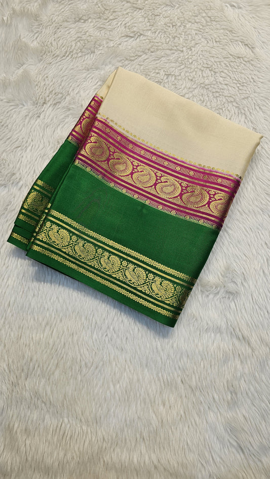 Mysore crepe silk saree with KSIC Finish in cream with pink in bentex border pattern