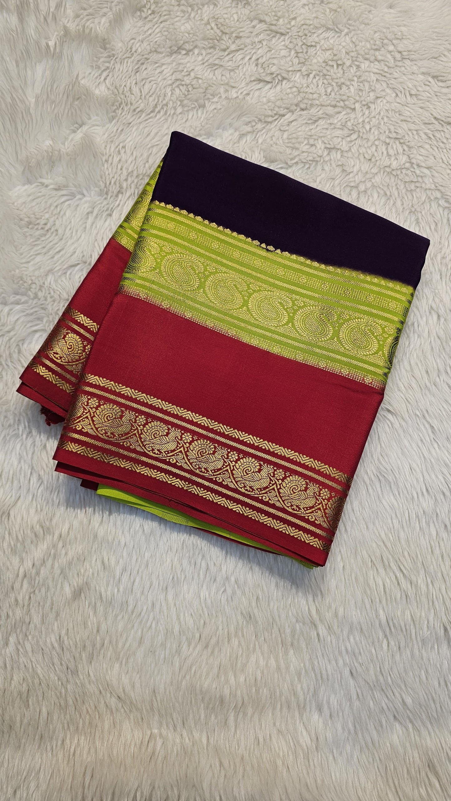 Mysore crepe silk saree with KSIC Finish in dark purple with red in bentex border pattern