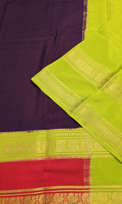 Mysore crepe silk saree with KSIC Finish in dark purple with red in bentex border pattern