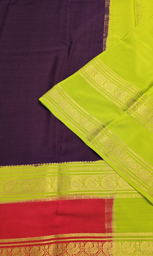 Mysore crepe silk saree with KSIC Finish in dark purple with red in bentex border pattern