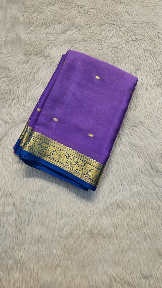 Mysore crepe silk saree with KSIC Finish in lavender with rama blue in small zari motifs pattern