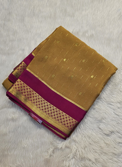 Mysore crepe silk saree with KSIC Finish in gold with rani pink in allover buttas pattern
