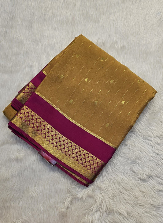 Mysore crepe silk saree with KSIC Finish in gold with rani pink in allover buttas pattern