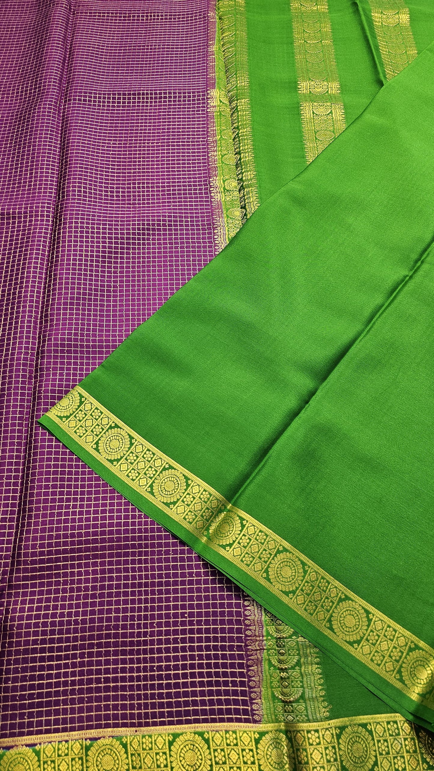 Mysore crepe silk saree with KSIC Finish in purple with green in checks pattern