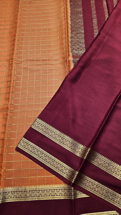 Mysore crepe silk saree with KSIC Finish in peach with maroon checks in bentex border