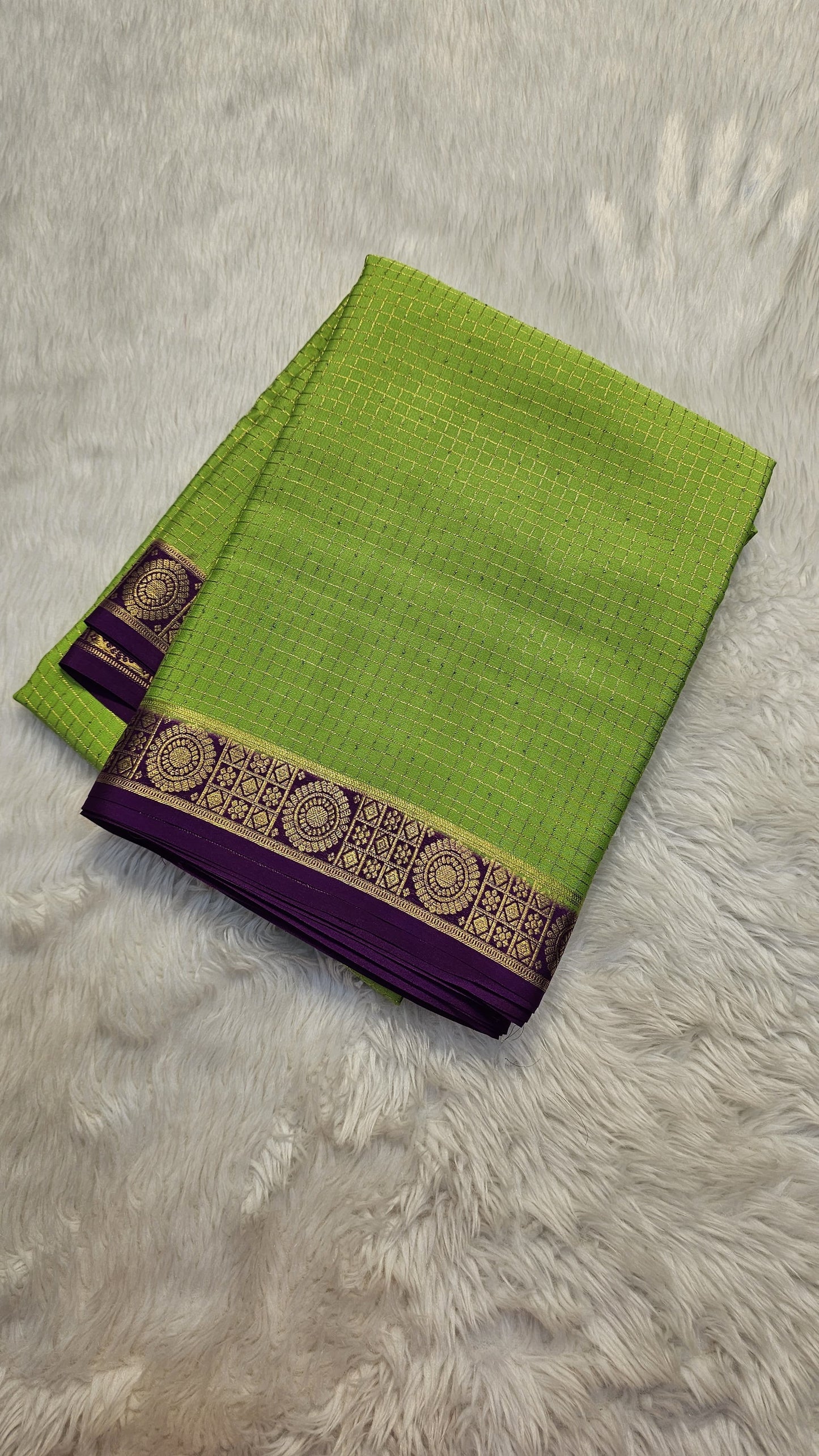 Mysore crepe silk saree with KSIC Finish in parrot green with purple,pattern